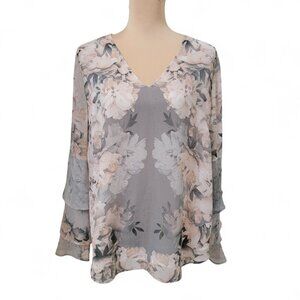 Calvin Klein Size L Gray with Neutral Color Floral Pattern V Neck Blouse, Lined